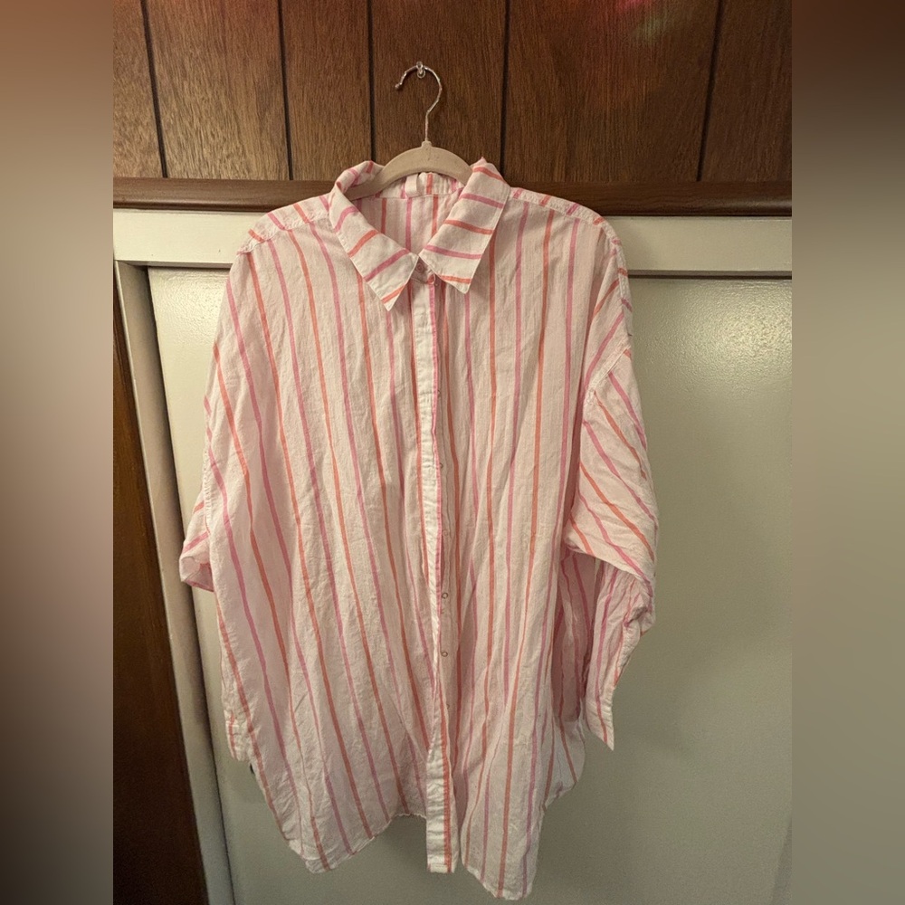Pink and White Striped Button-Up Shirt